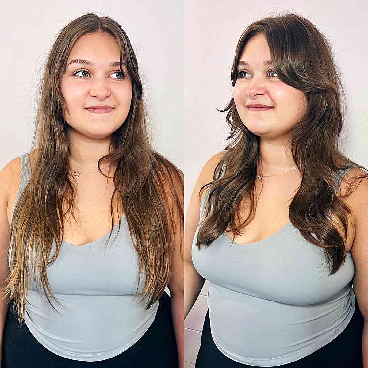 Lived-In Long Layers and Curtain Bangs for Round Face Shapes