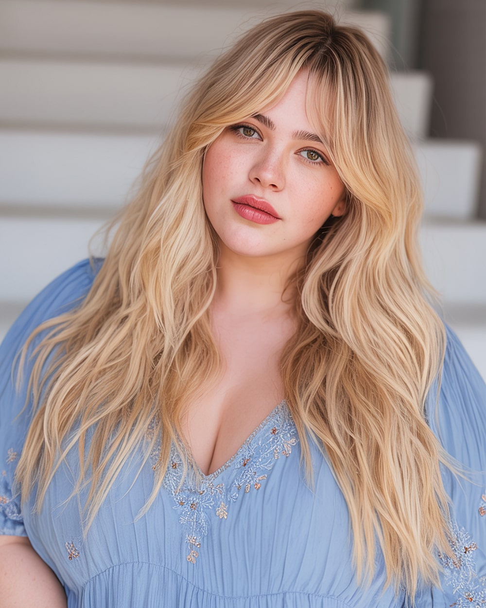 Layered long blonde hair with curtain bangs for softening round face features