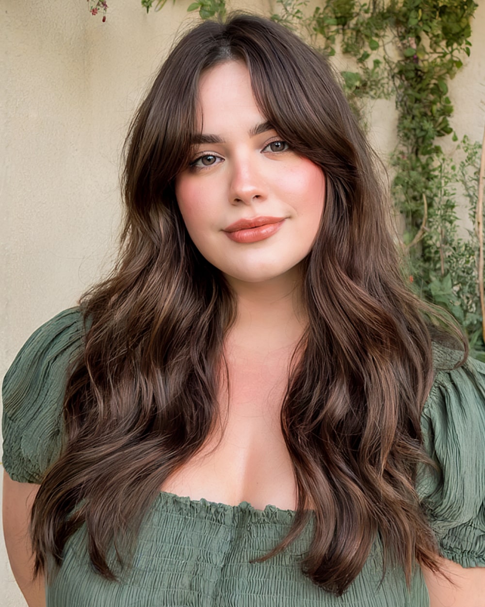 Long brown wavy hair with middle-parted curtain bangs flattering round face shape