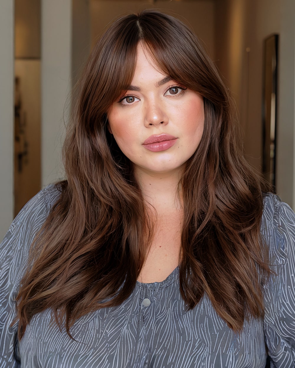 Brunette long layers with modern curtain bangs for face framing round face shapes