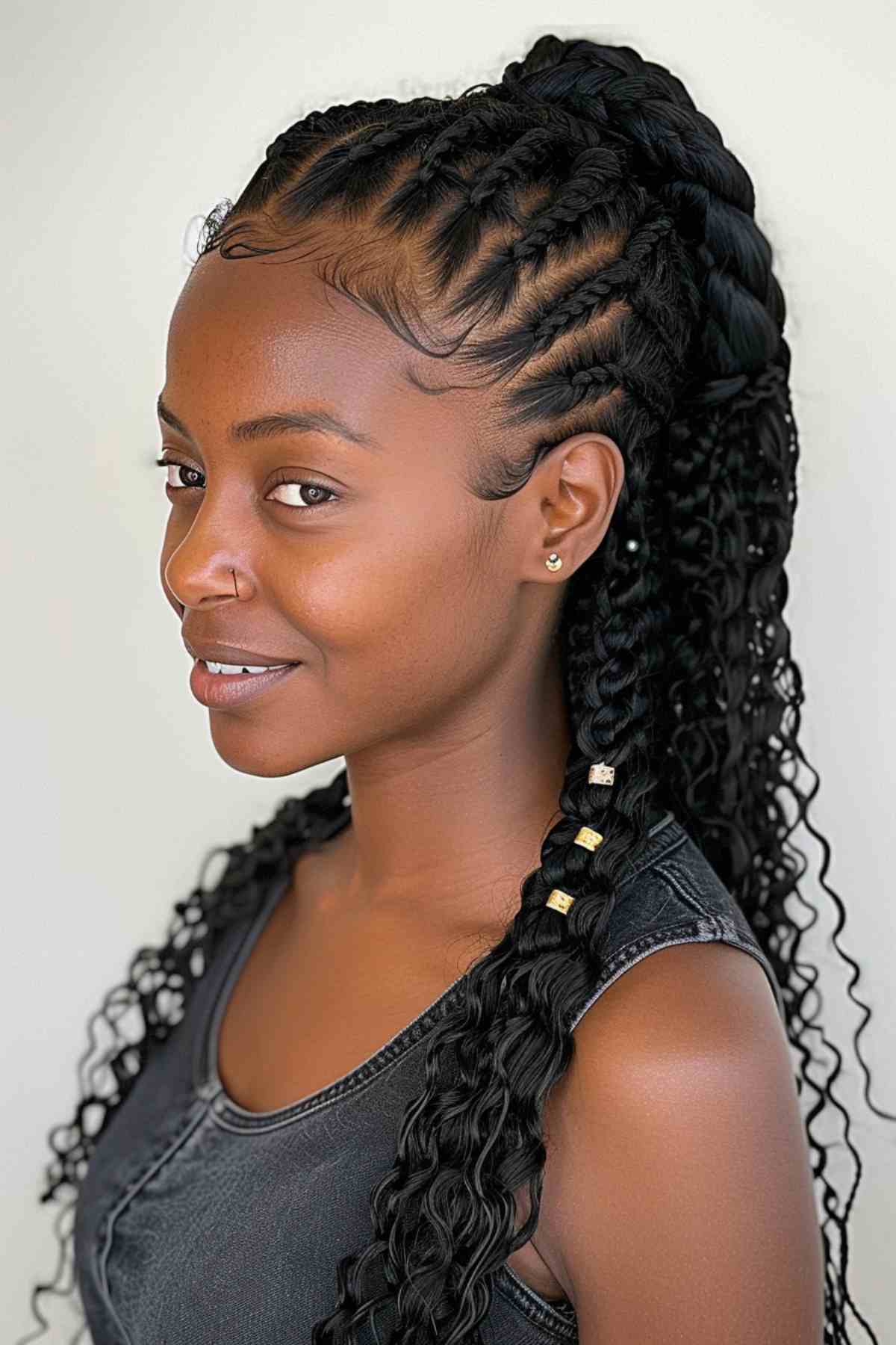 Long Curled Ponytail with Cornrows