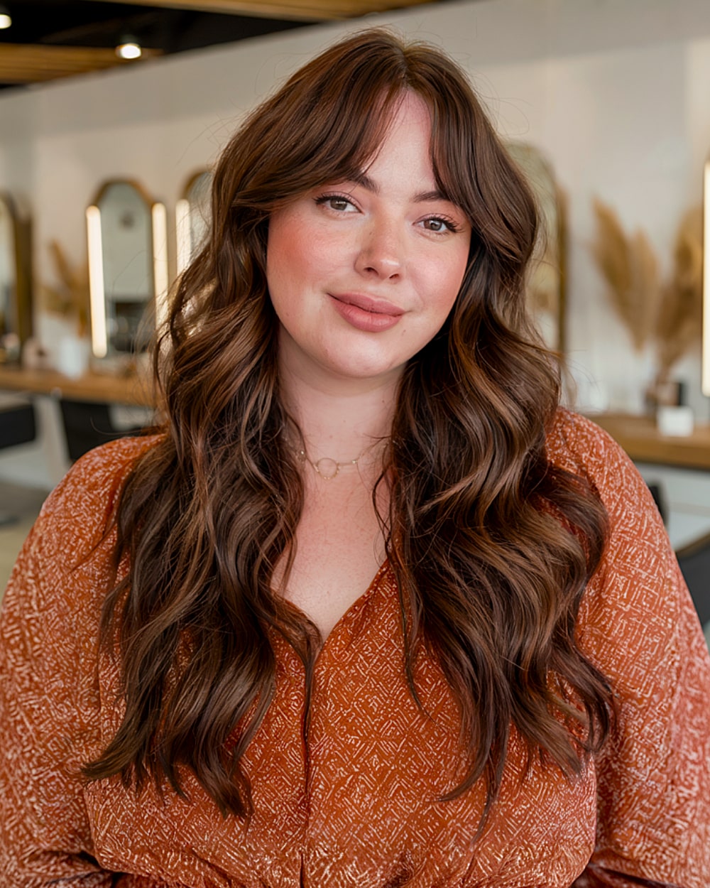 Wavy long brunette hair with curtain bangs for flattering round face dimension