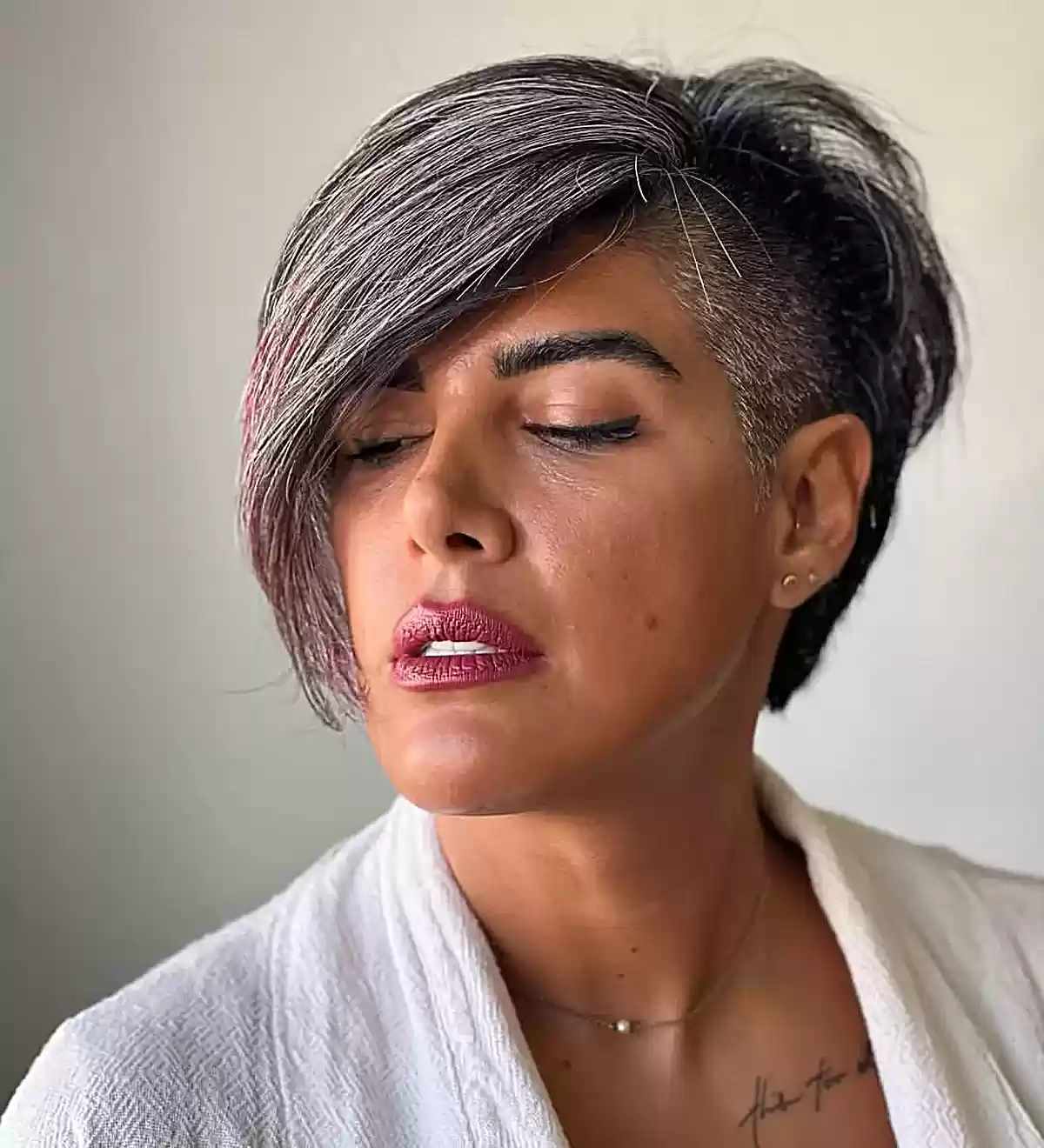 Long Fringe and Shaved Side on a Short Pixie for Thick Hair