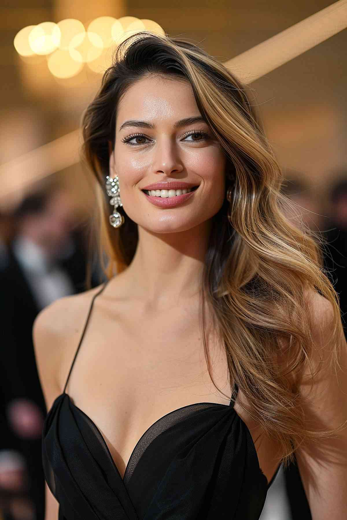 Long, wavy hairstyle with a deep side part for glamorous gala events.