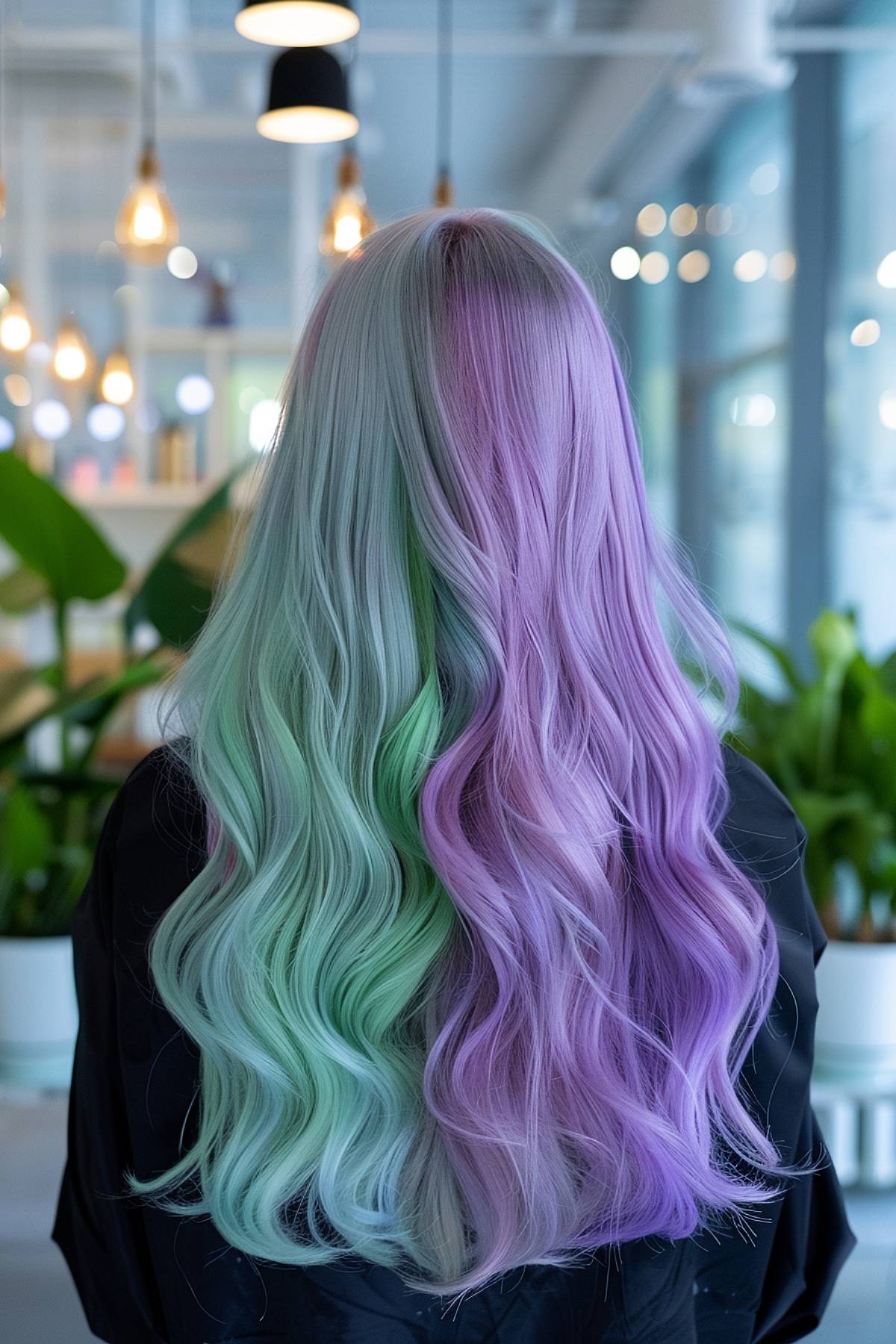 Long, wavy hair with a blend of pastel green, lilac, and blue, embodying the versatile and experimental Gemini nature.
