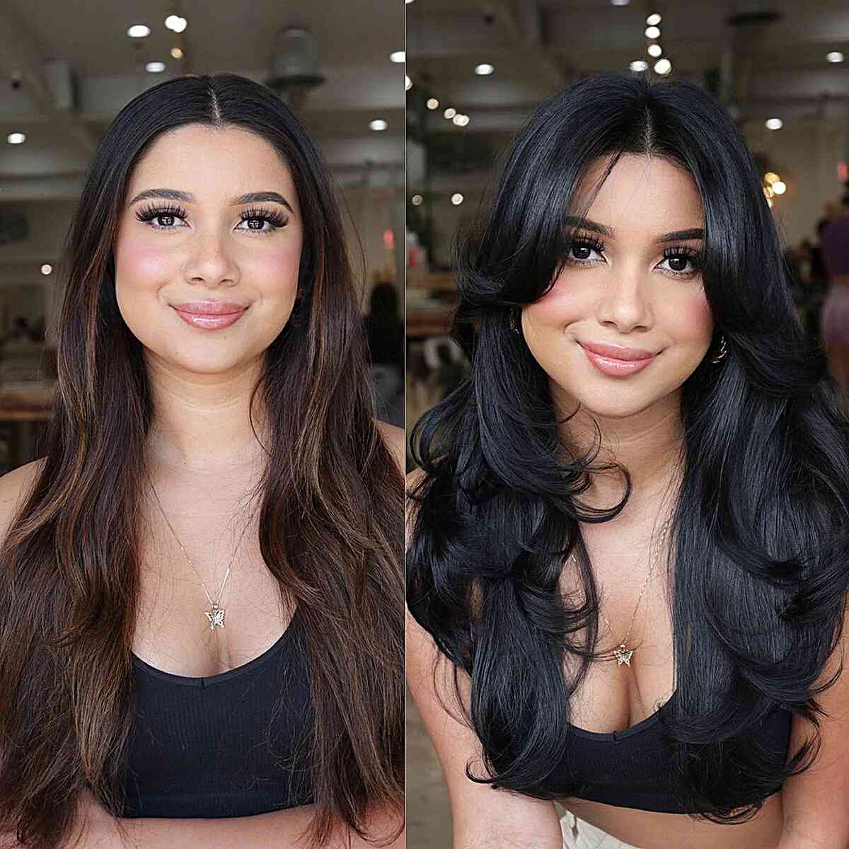 Long Jet-Black Healthy Hairstyle for a Round Face 