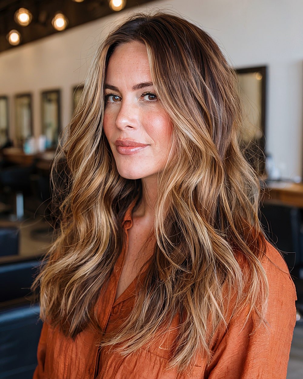 Long layered balayage hair with beachy texture and dimensional highlights