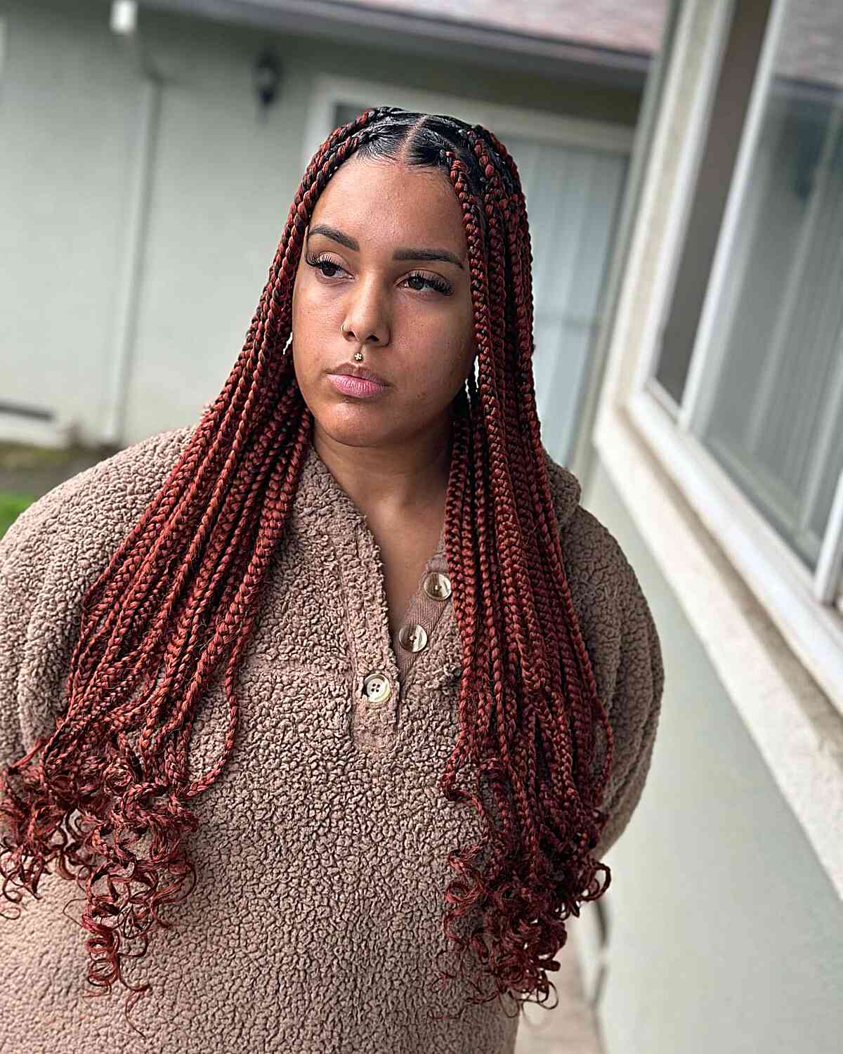 Long-Length Copper Red Large Knotless Braids with Middle Part