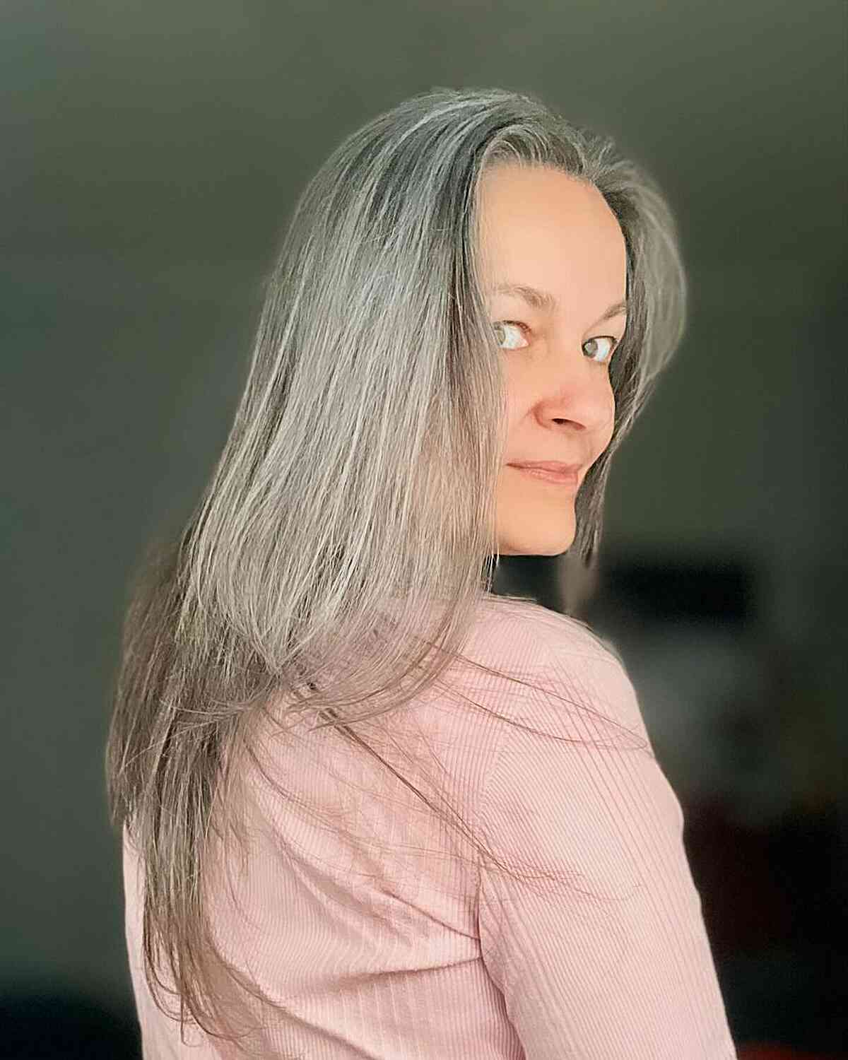Long-Length Straight Layered Grey Hair for 50-year-olds