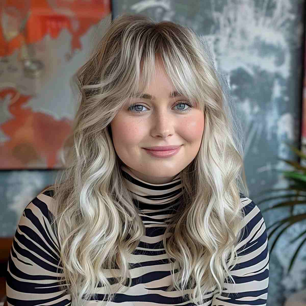 long modern shag with curtain bangs for round faces