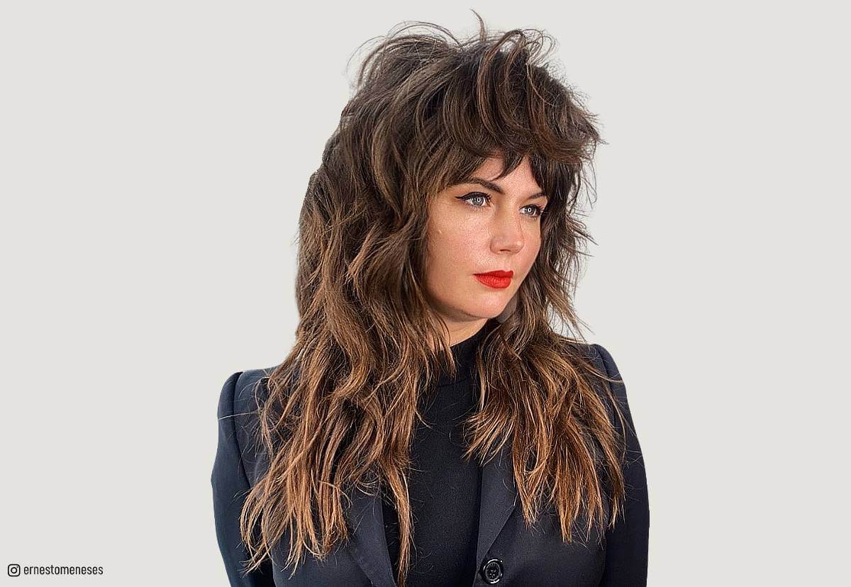 Image of Long wavy shag with wispy bangs for fine hair