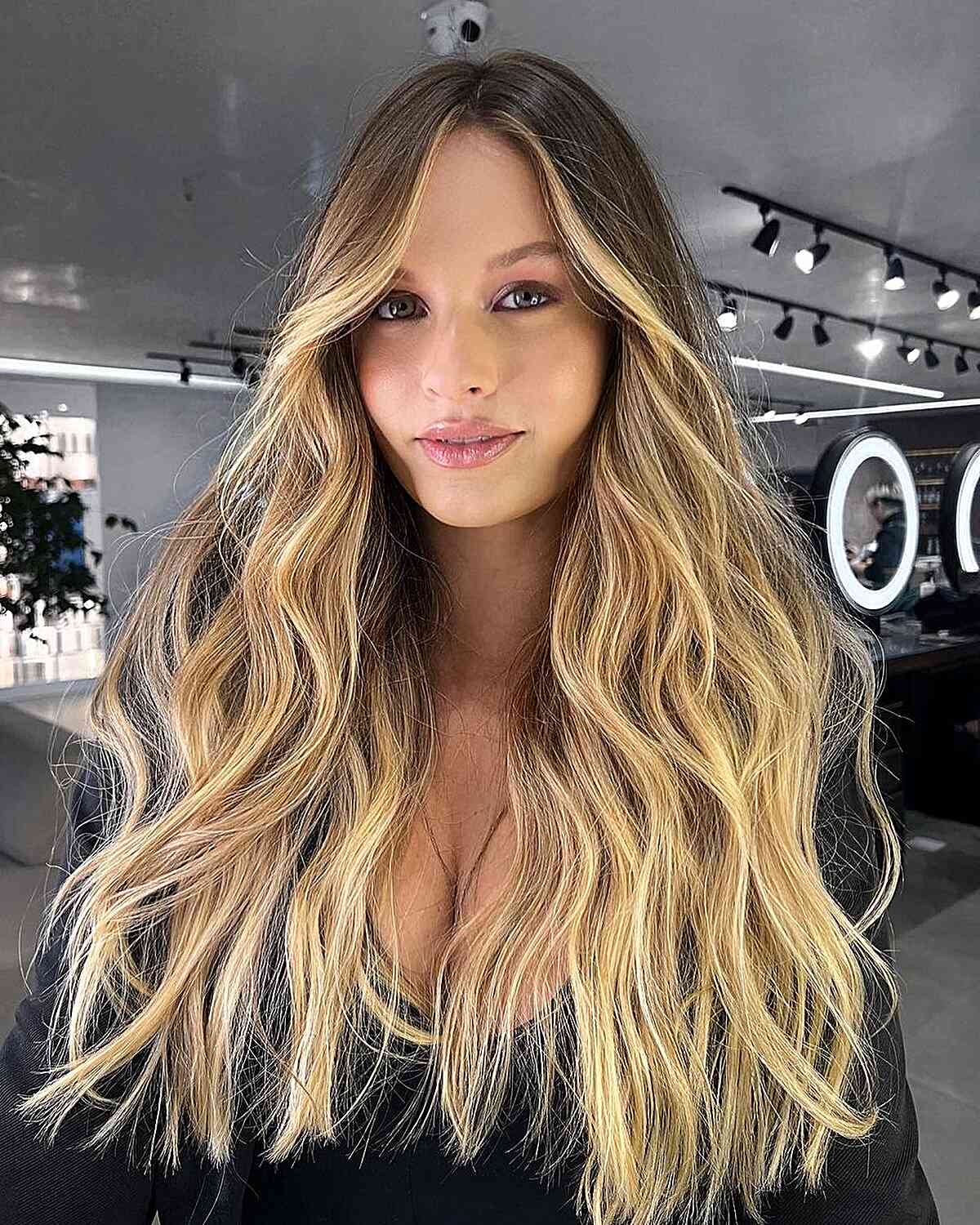 Long Tousled Beach Waves with Money Piece