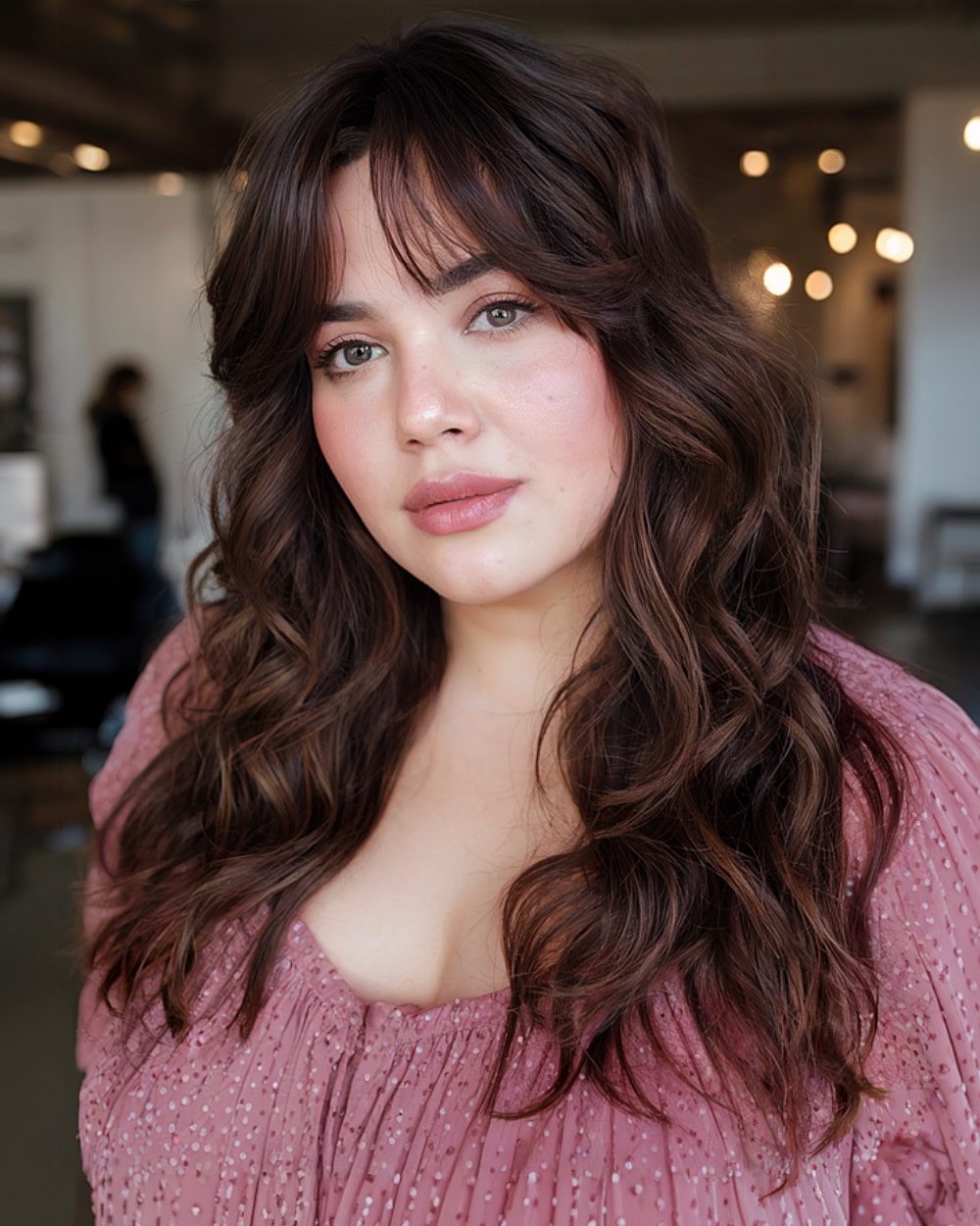Dark wavy long hair with dimensional curtain bangs to slim round face shapes