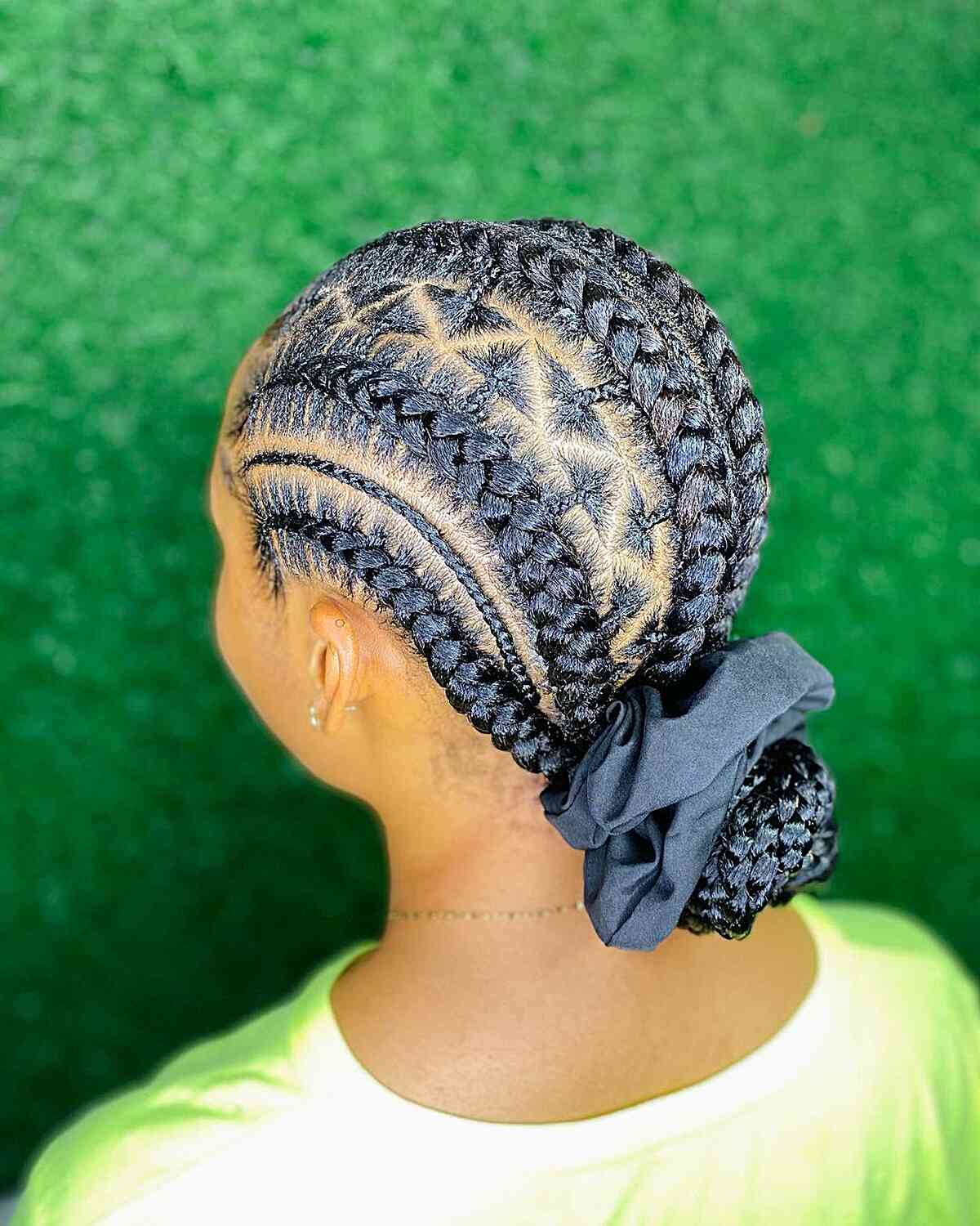 Low Braided Hair Bun with Triangle Parts for Black Ladies