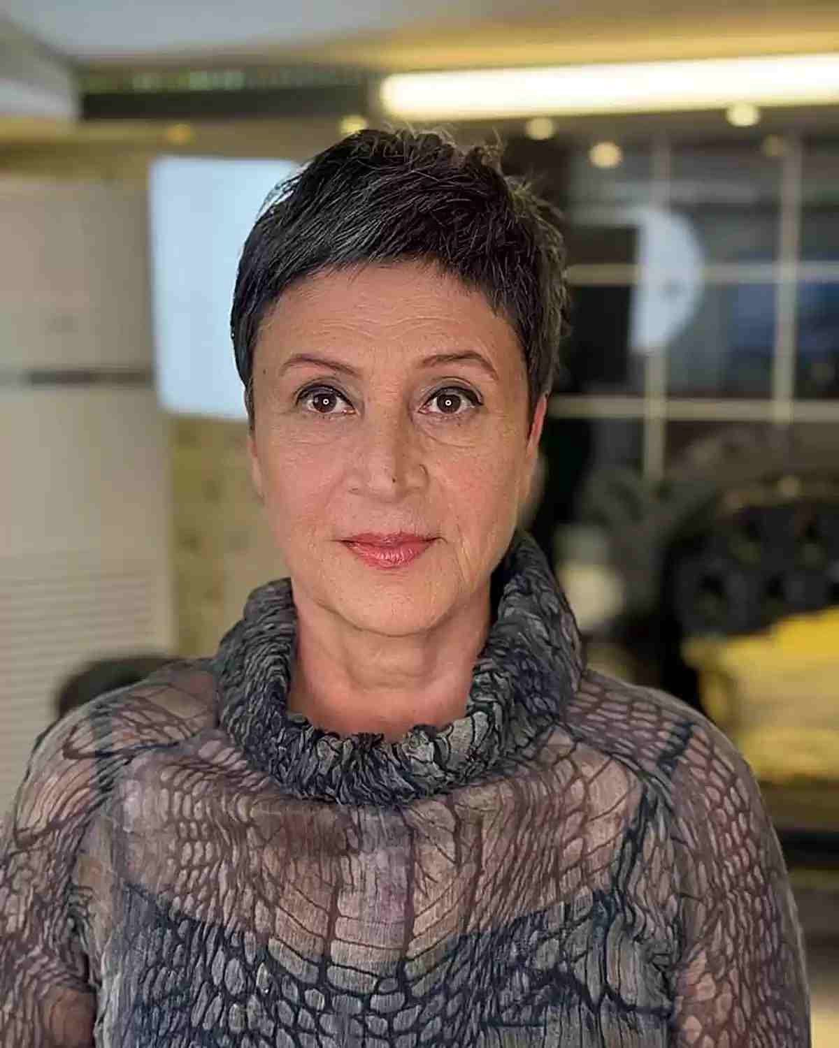 Low-Maintenance Short Choppy Thick Pixie on Ladies Aged 60 and Over