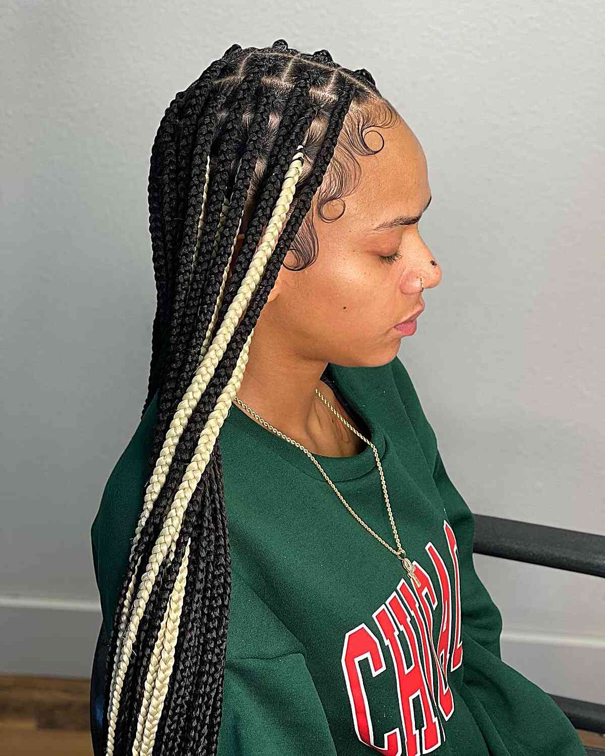Long-Length Medium Knotless Black Braided Hair with Blonde Pieces