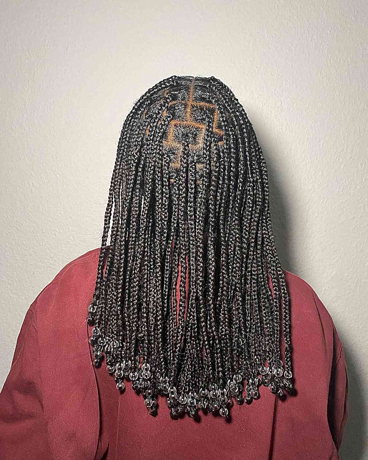 Medium-Length Brick Layered Knotless Box Braids with Beads