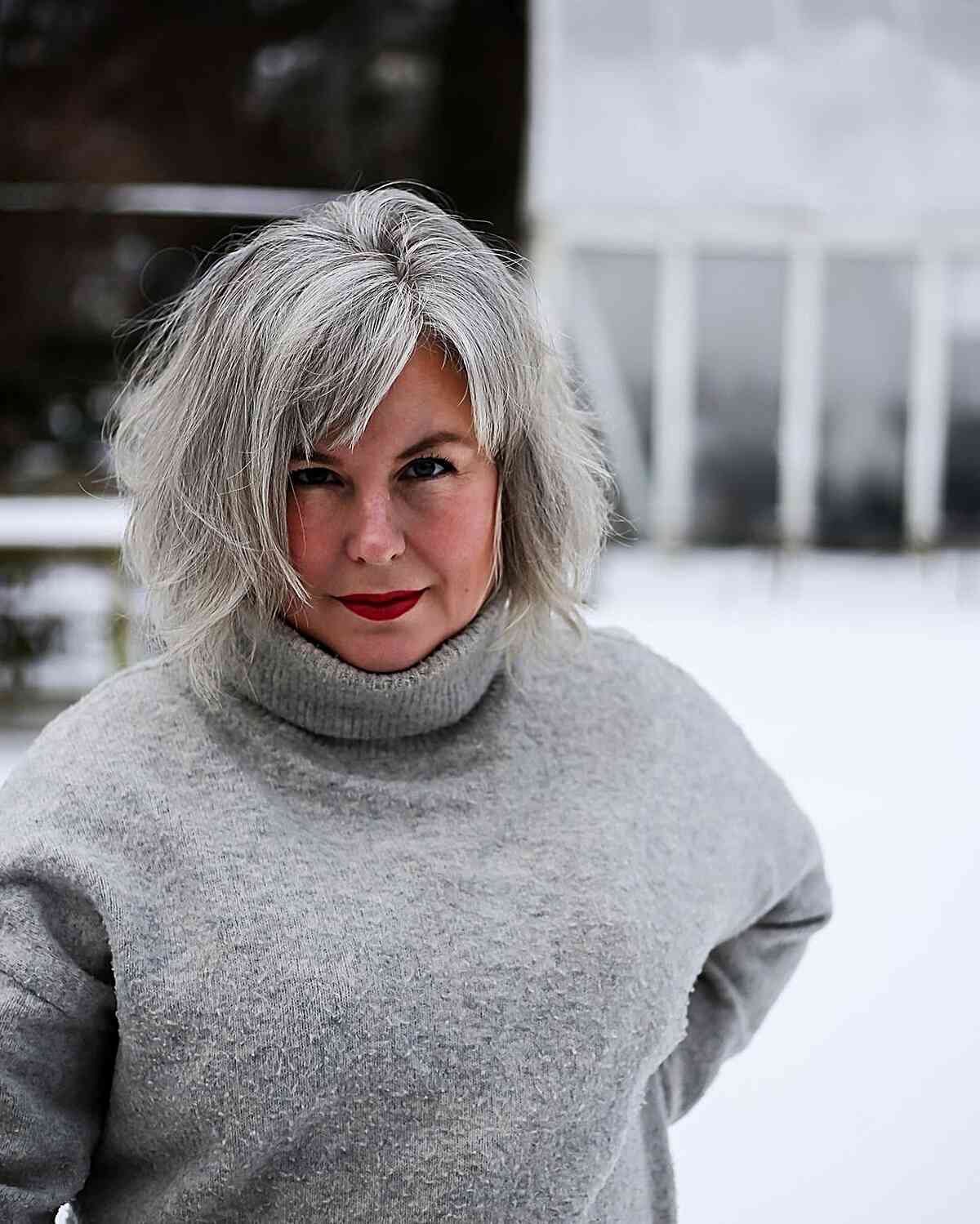 Messy Bob with Side-Parted Bangs for Ladies Over 50 with Grey Locks