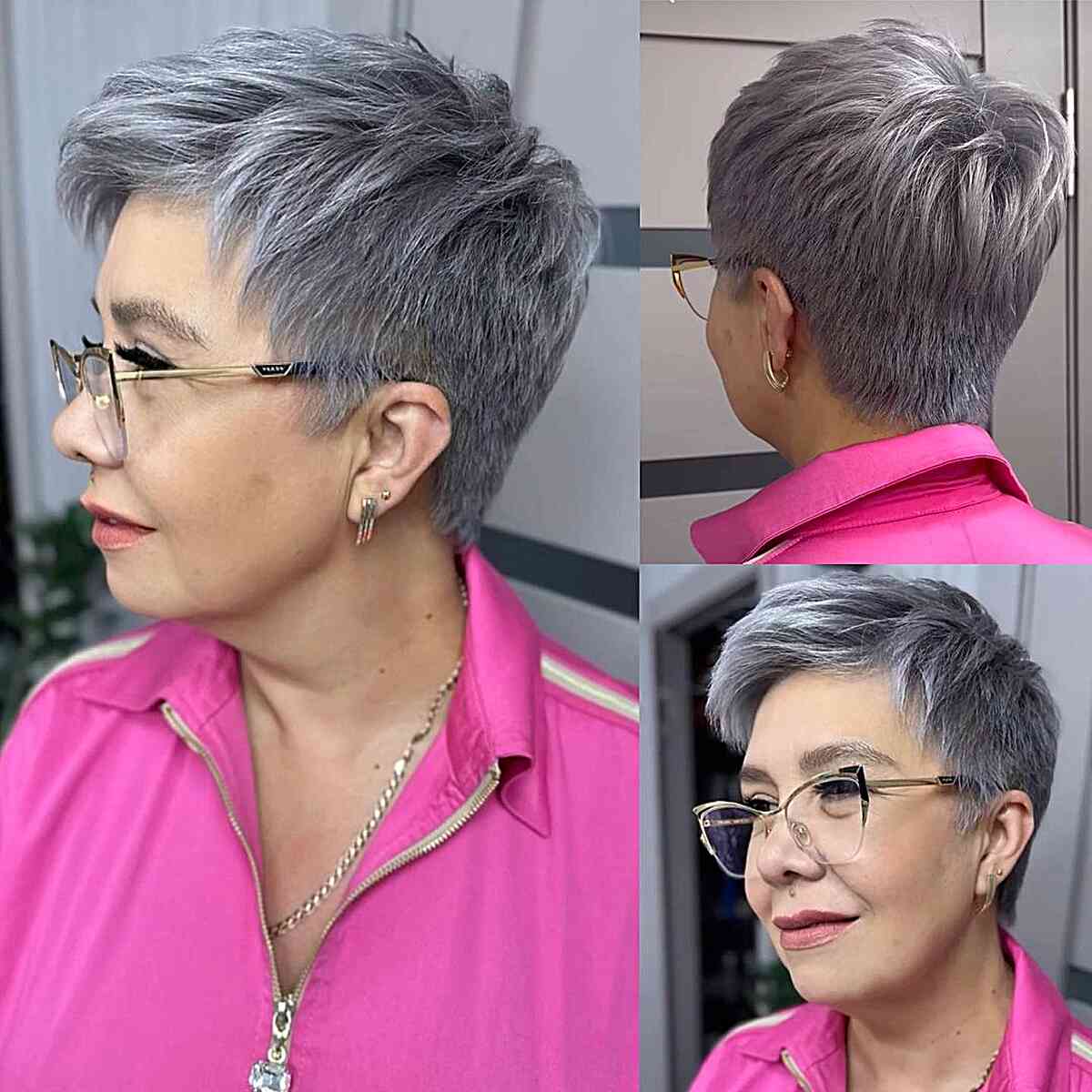 Metallic Grey-Silver Tapered Pixie on Ladies Over 50 with Glasses