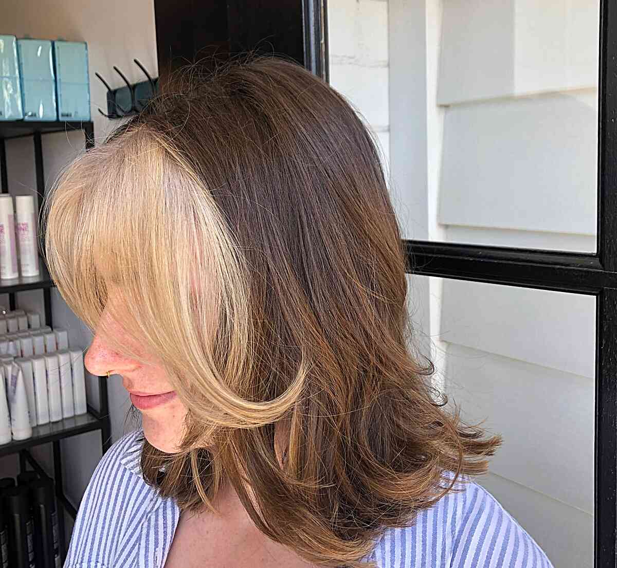 Mid-Length Brunette Hair with Blonde Money Piece