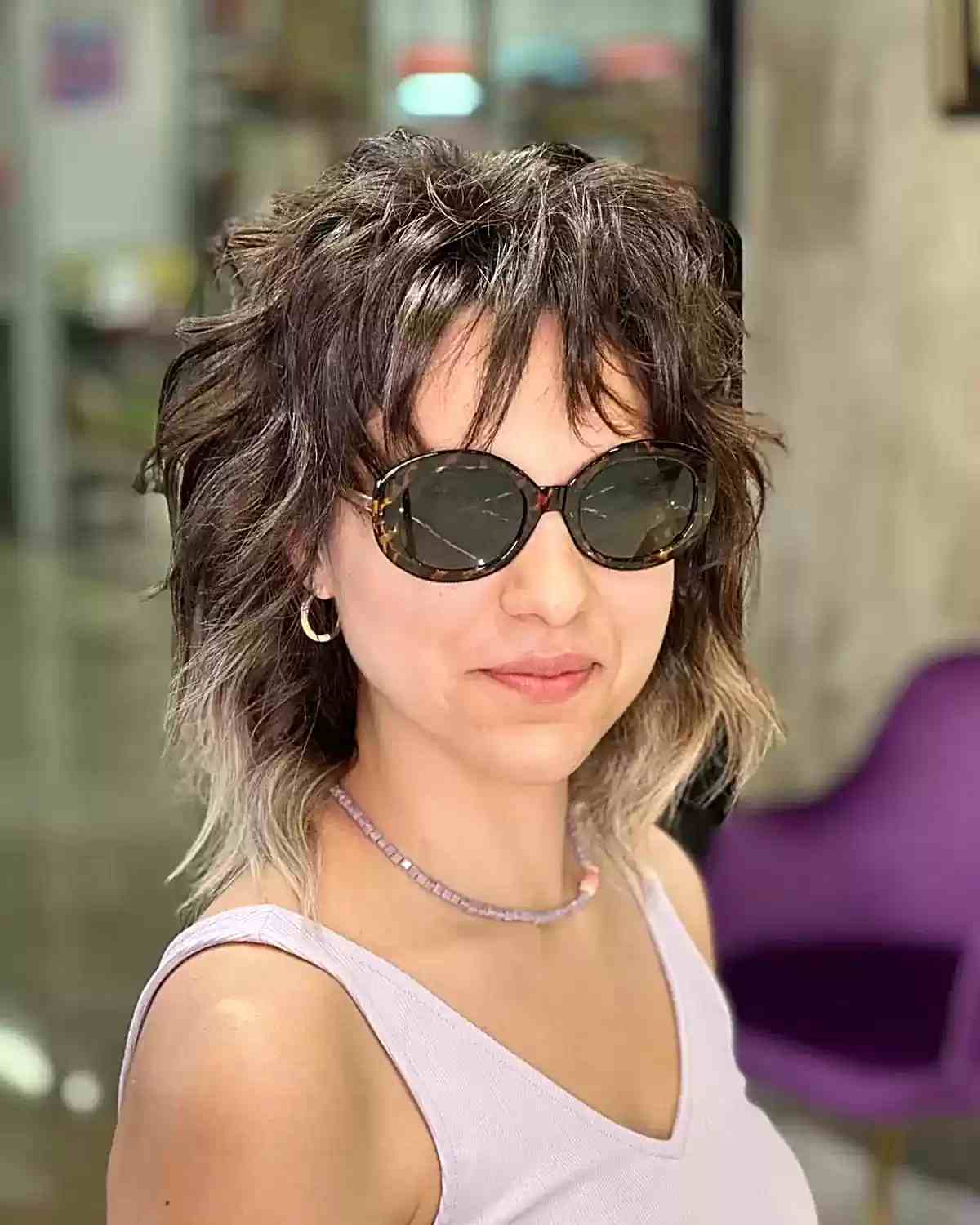 Mid-Length Brunette Shag with Blonde Tips