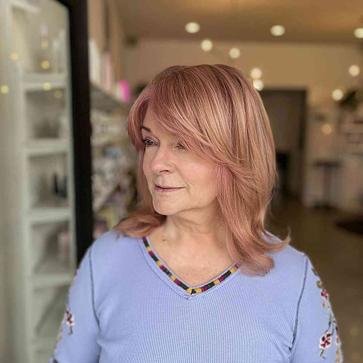 Mid-Length Peach Thick Hair with Curtain Bangs for 60-Year-Old Ladies