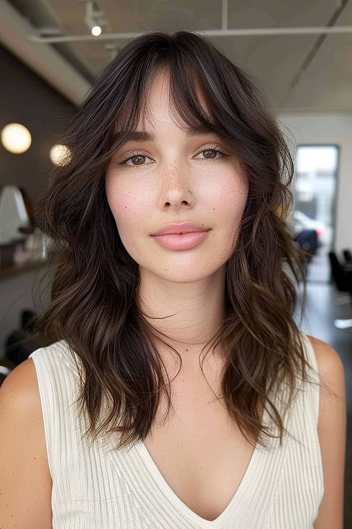 Mid-length textured shag cut with choppy ends