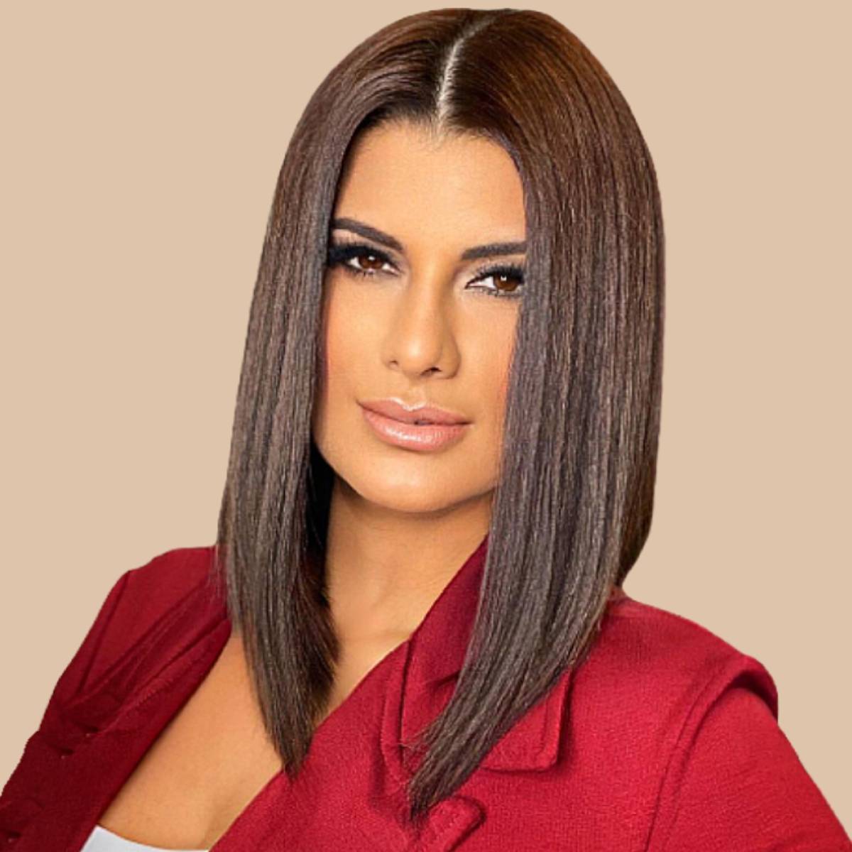 Image of Straight V-cut hairstyle with a center part girl