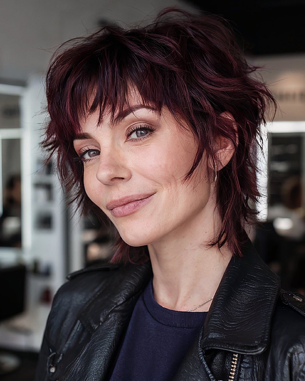 Short modern mullet with layered choppy ends and edgy burgundy hue for alt hair flair