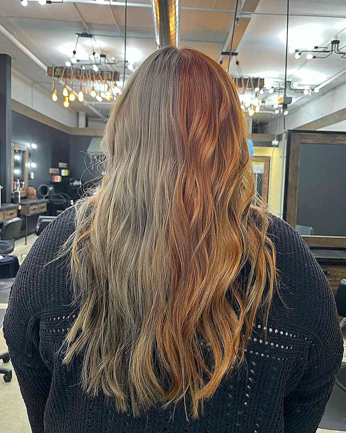 Mushroom-Copper Brown and Blonde Split Hair Dye with Long-Length Loose Waves