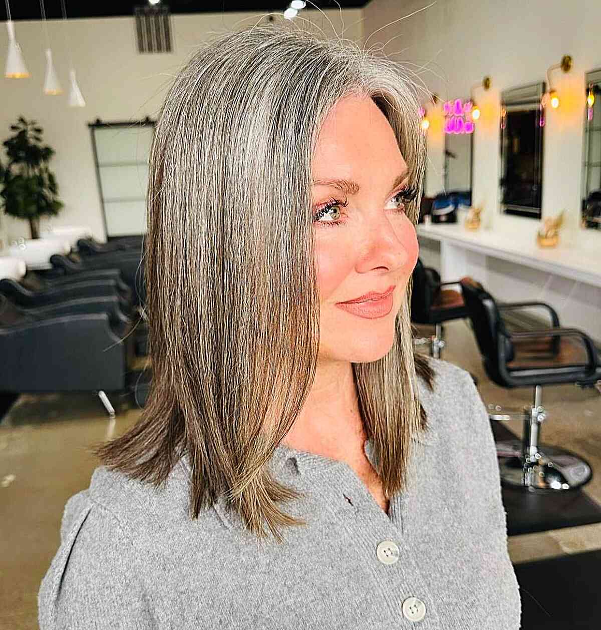Natural Grey to Brown Ombre Shoulder-Length Hair on Older Ladies with Grey Stands