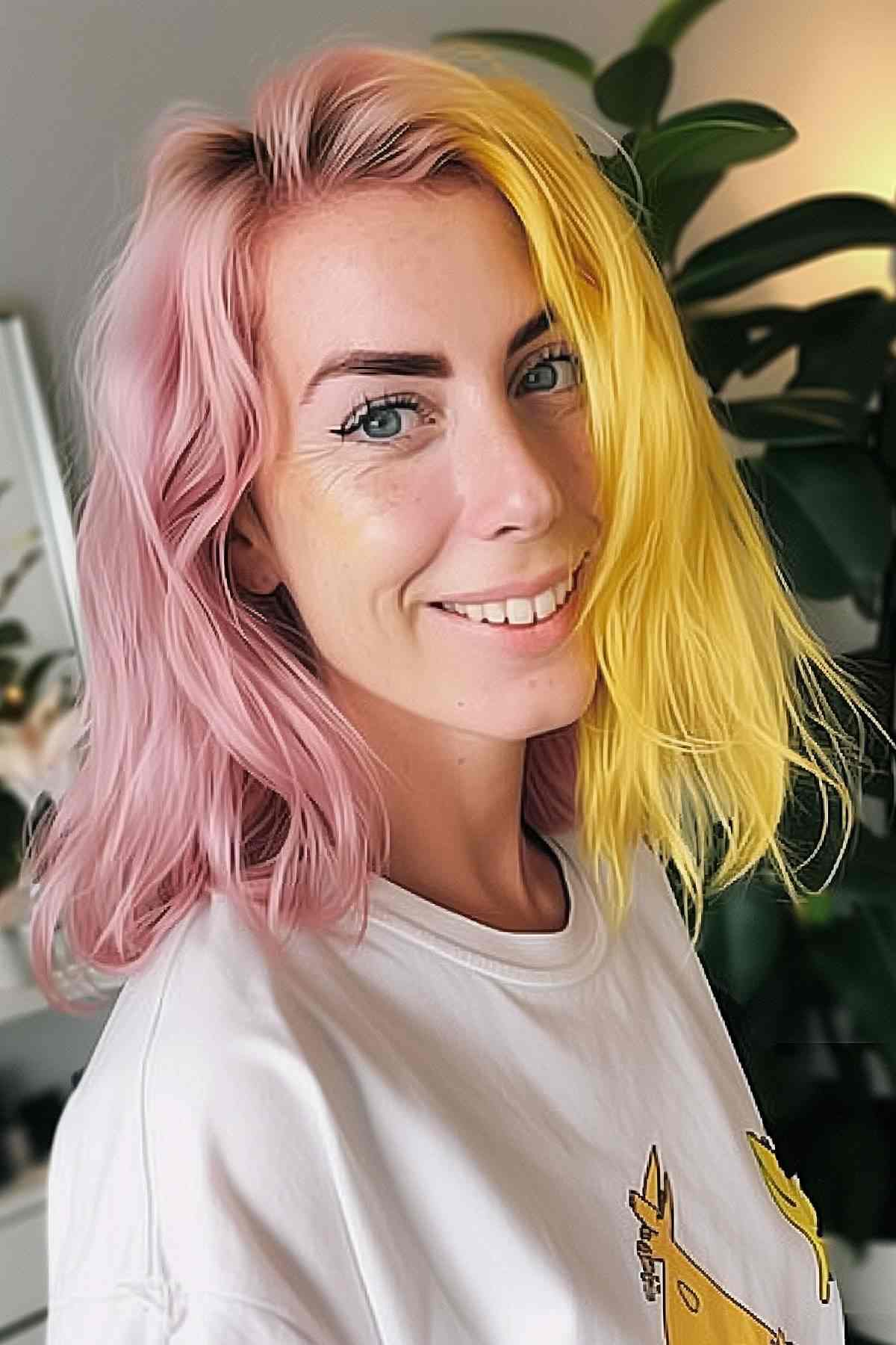 Short, tousled hair with yellow and pink highlights over a natural blonde, for a Gemini-inspired playful look.