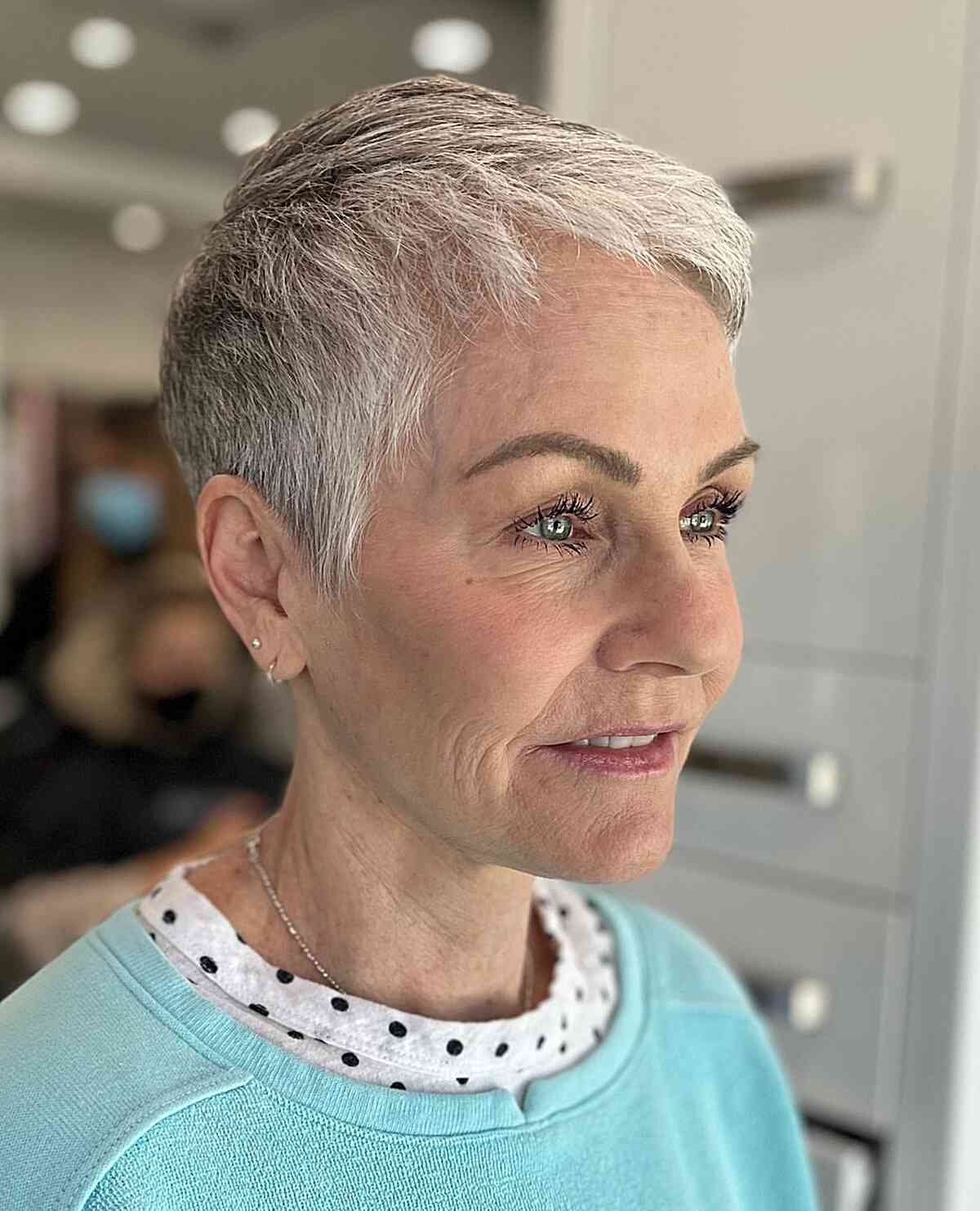 Natural Salt-and-Pepper Pixie Crop for Women Aged 50 with Finer Locks