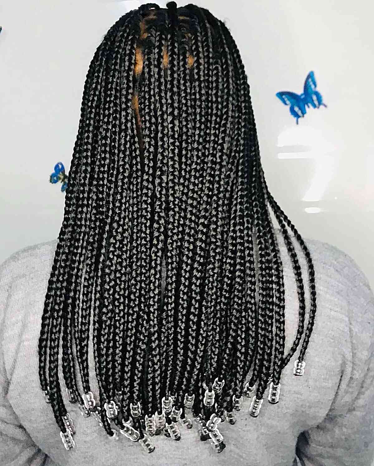 No-Knots Black Braids with Round Beads on Medium Length