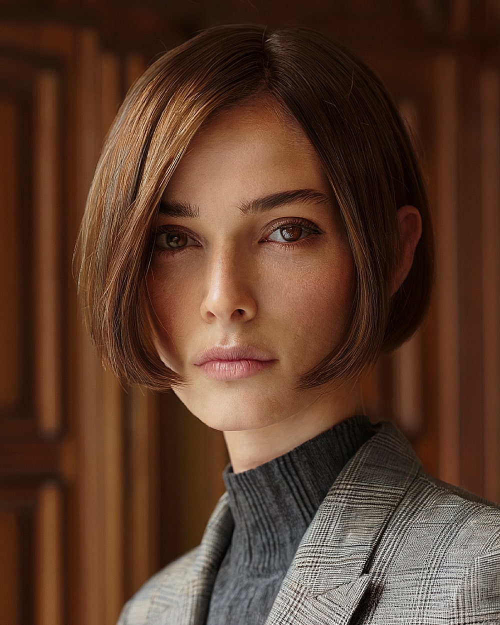 Classic blunt pinch bob with minimal layering and soft volume on medium brown hair