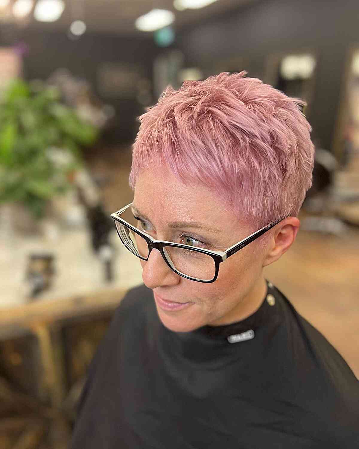 Pink Choppy Pixie Hair for Older Ladies Over 50 with Eyeglasses