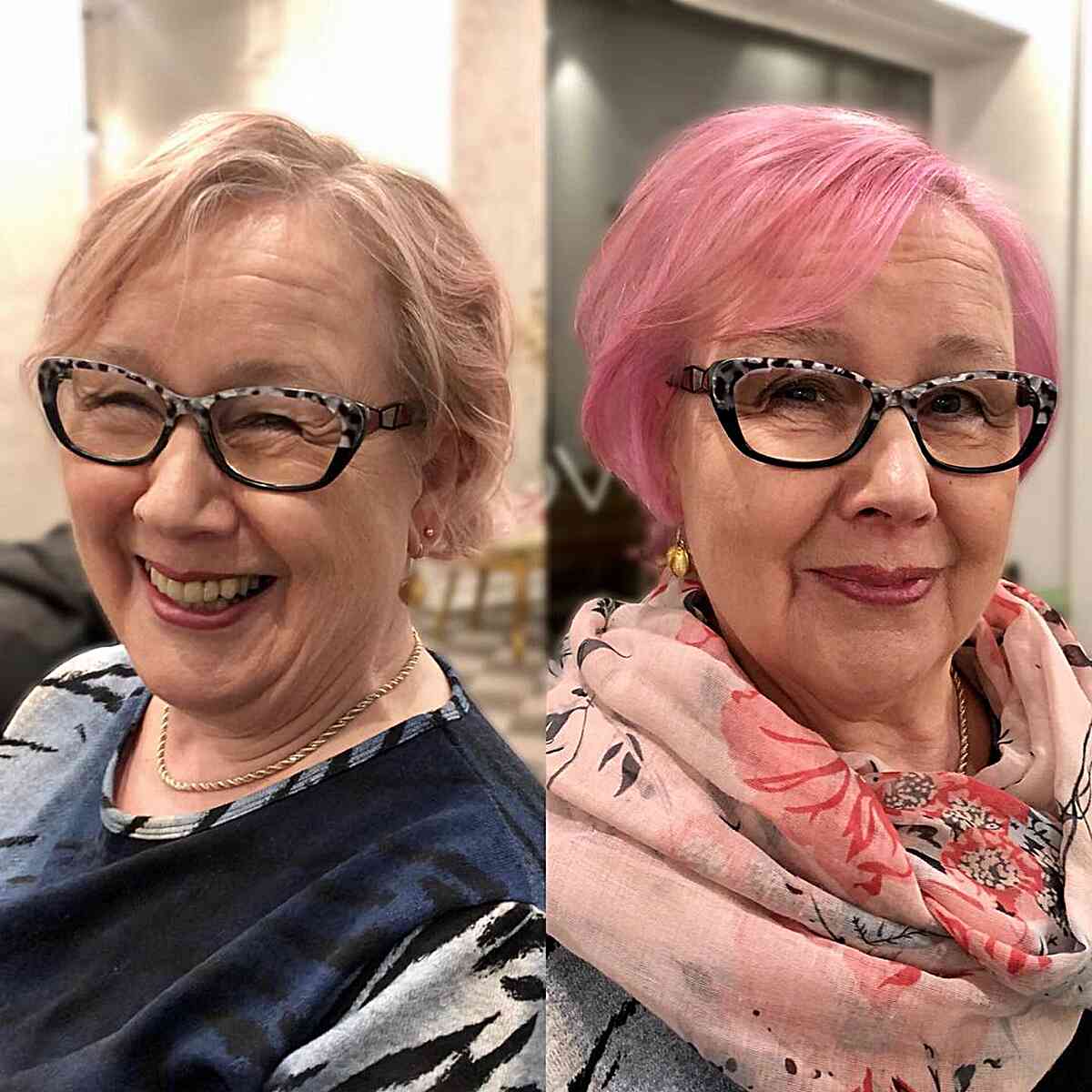 Pink Layered Bob with Side Fringe for Older Women Over Fifty with Thin Hair