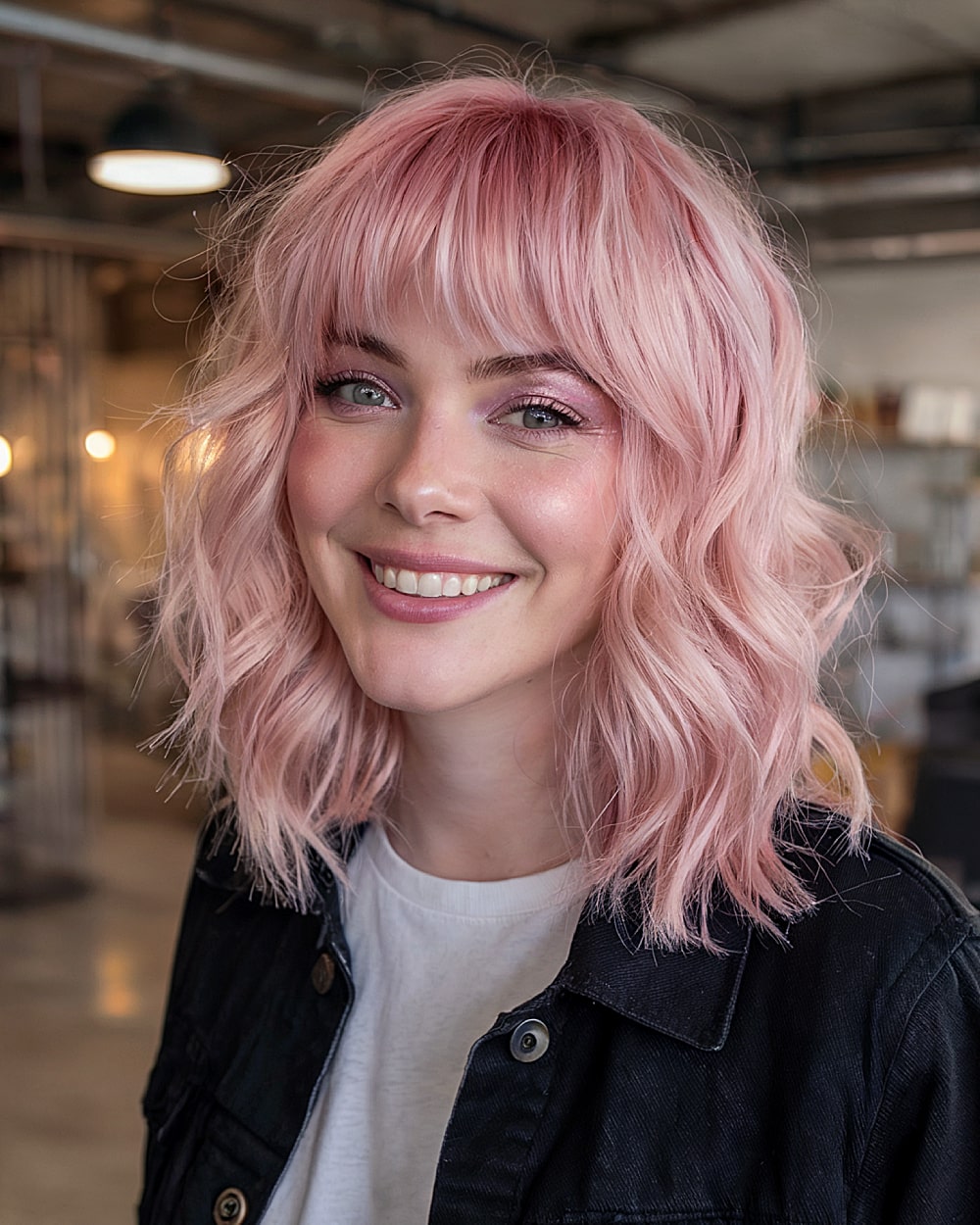 Pastel pink medium layered haircut with tousled texture and soft fringe for an alternative look