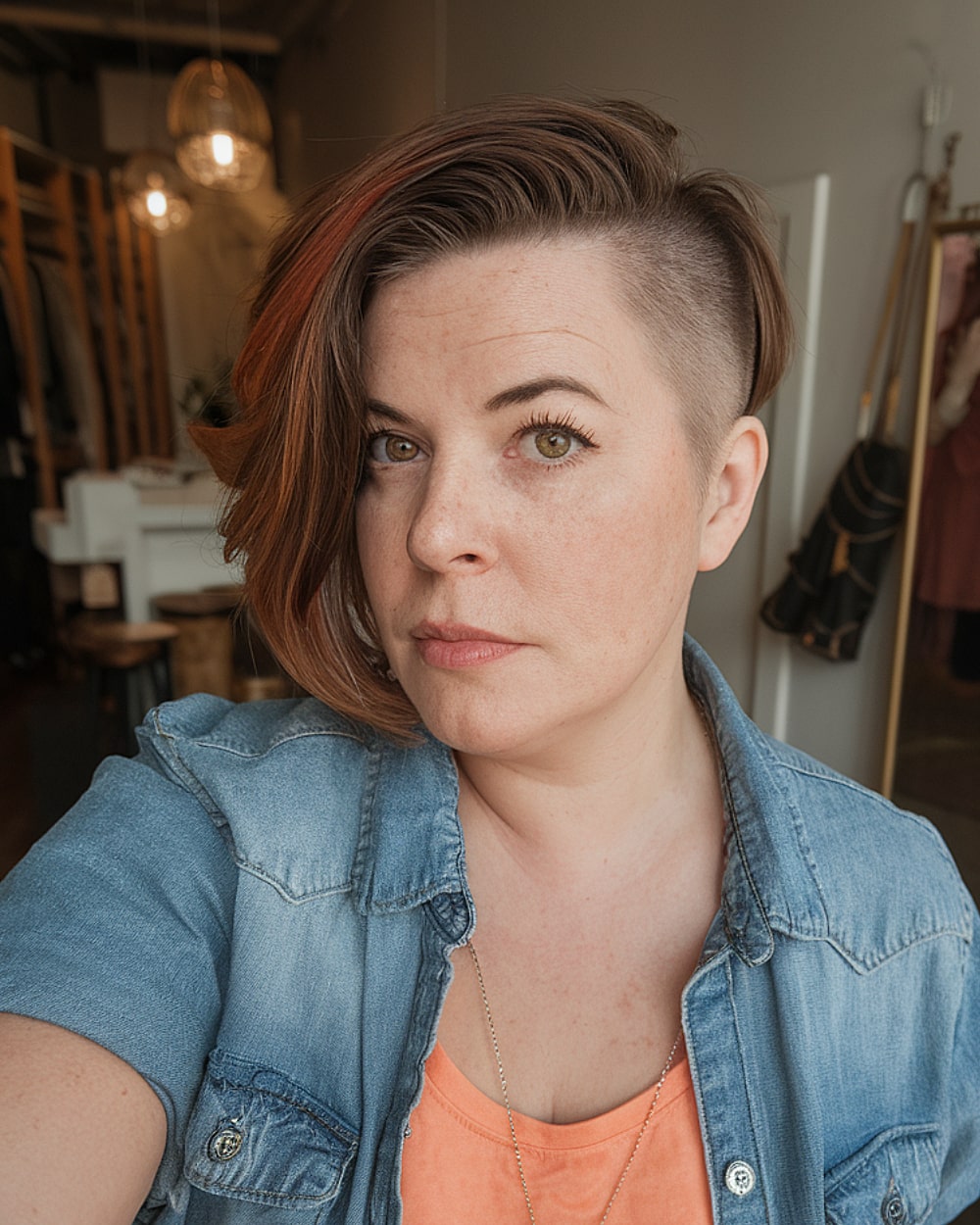 Pixie bob undercut with side sweep and shaved sides for round face shapes over 40