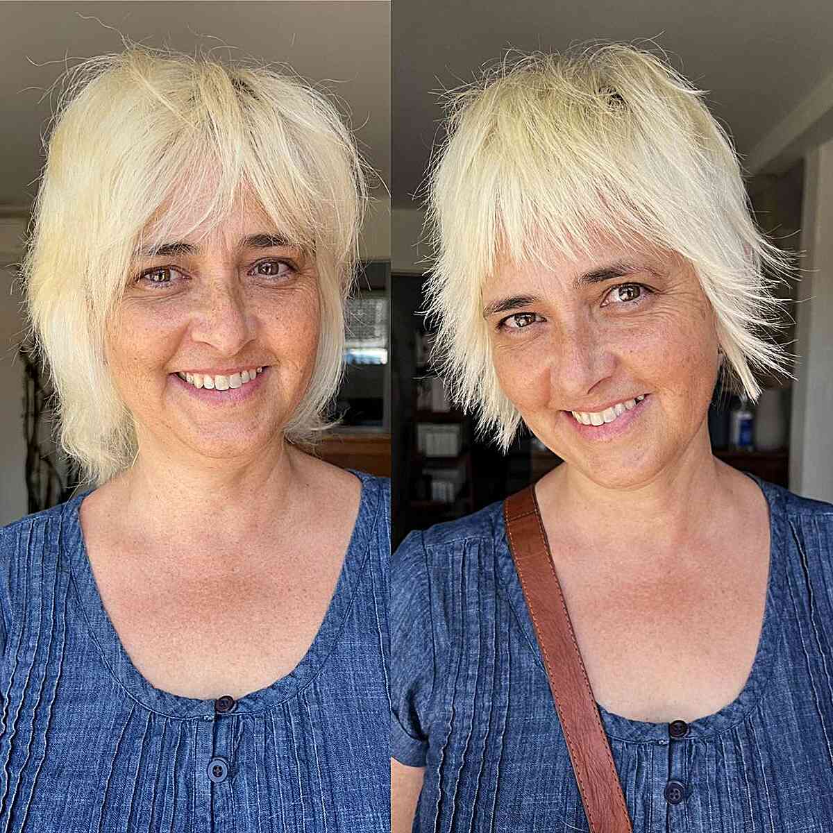 Pixie Bob with Choppy Layers and Bangs on Ladies Aged 50 with Thin Hair