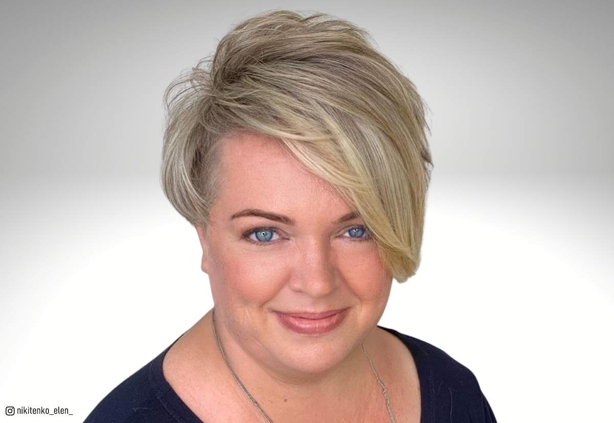 Image of a messy long shaggy pixie cut on a woman with round face shape