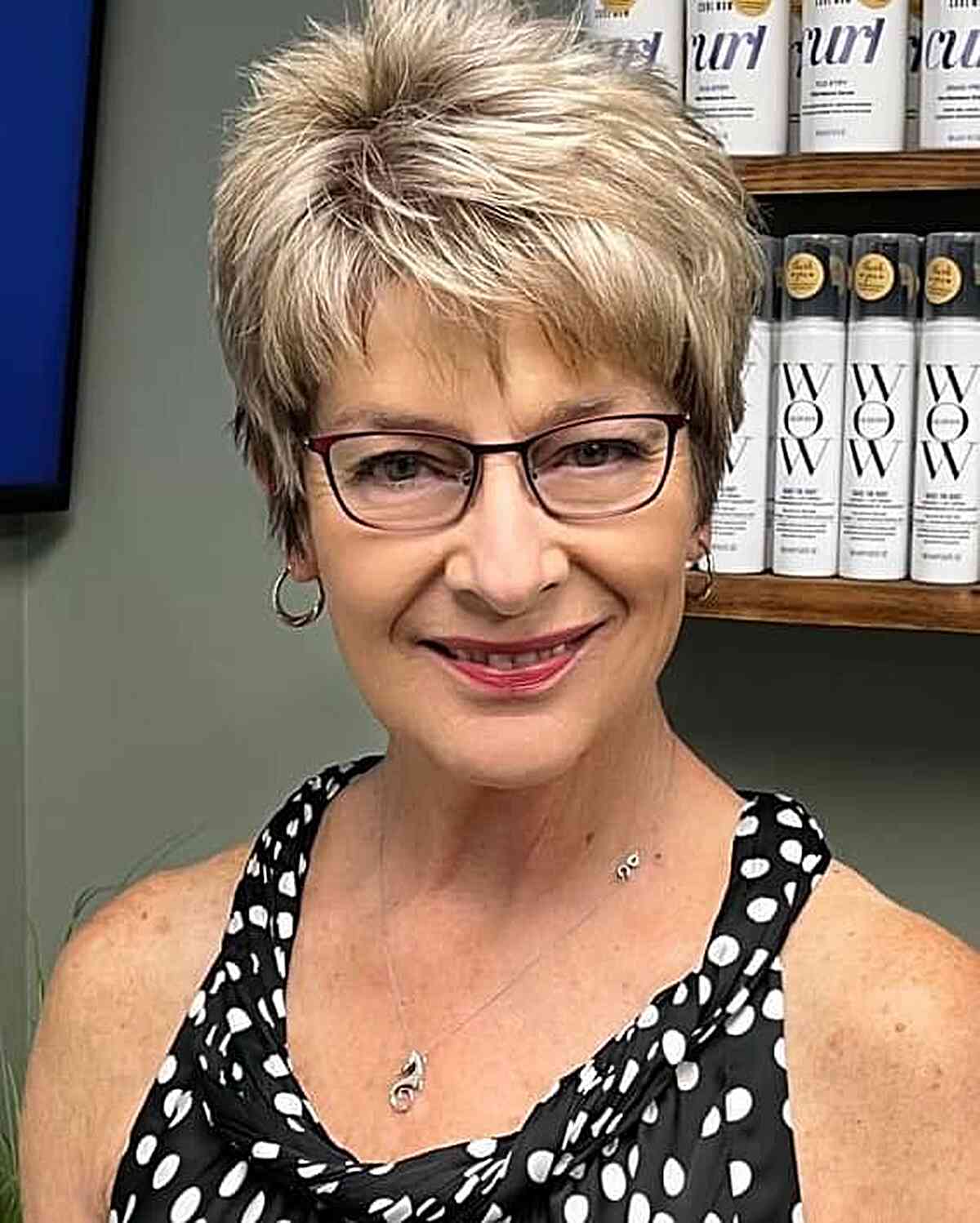 Pixie Cut with Shorter Layers for Women Over 50 with Thick Hair and Specs
