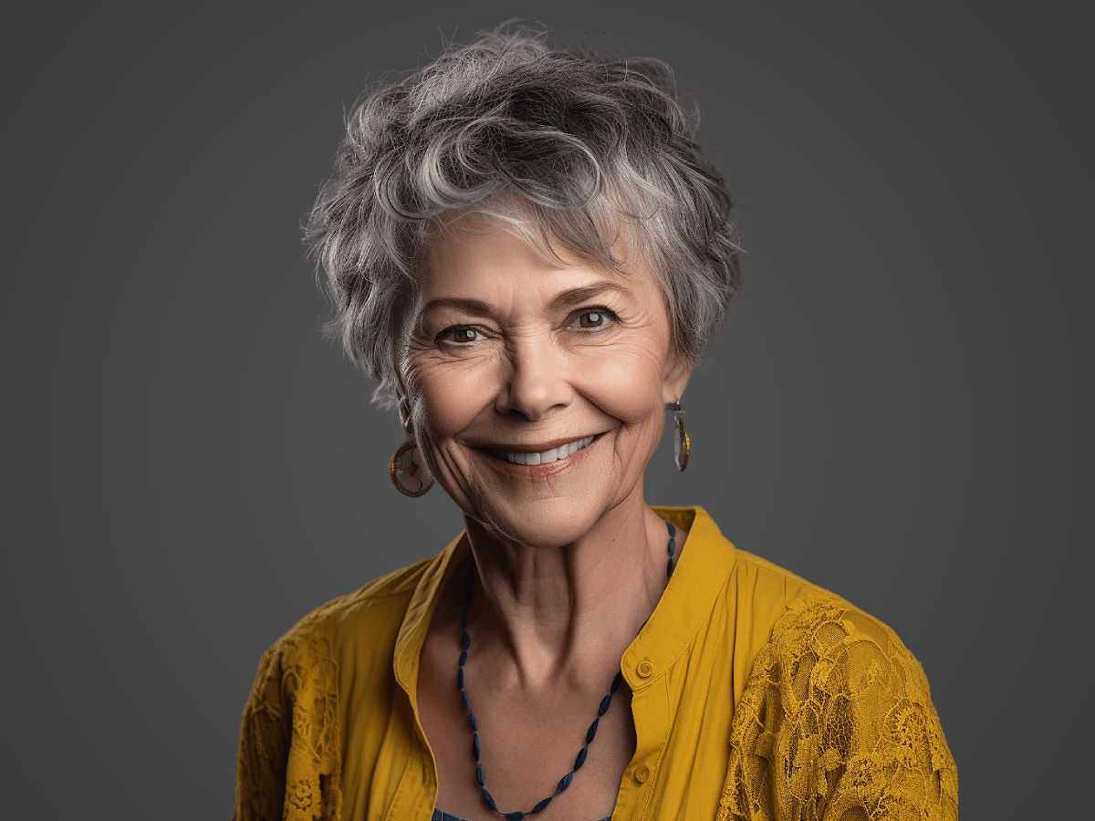 Image of Shag salon woman short layered shag haircut smiling