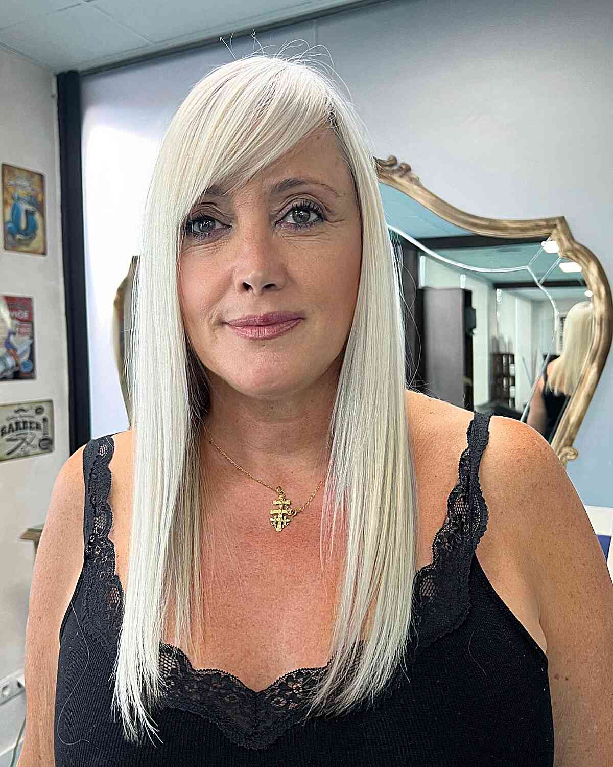 Platinum Blonde Long Hair with Swept Bangs for 50 year old Women with Thin Hair