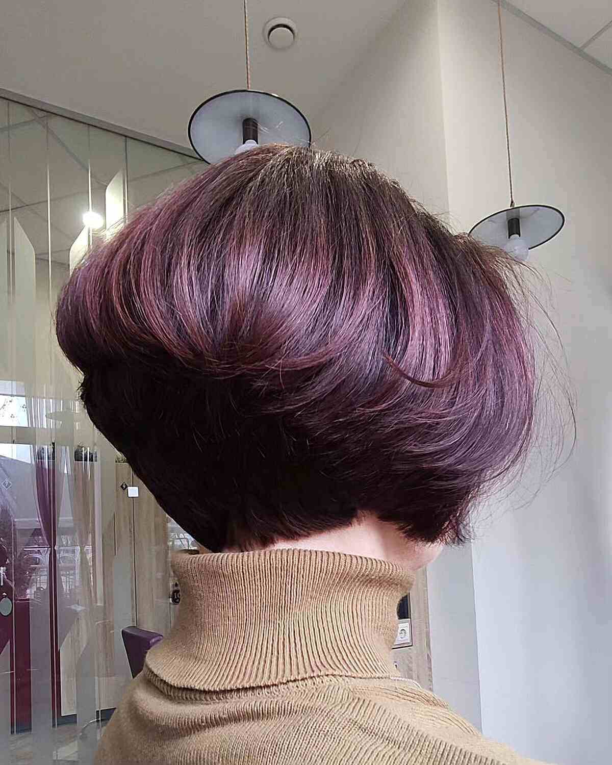 Plum Short Wedge Hair with Angled Stacked Layers