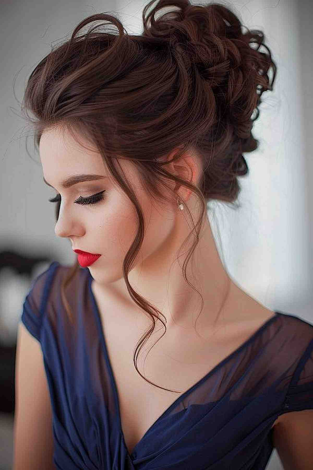 Romantic updo with loose tendrils for a sophisticated gala night hairstyle.