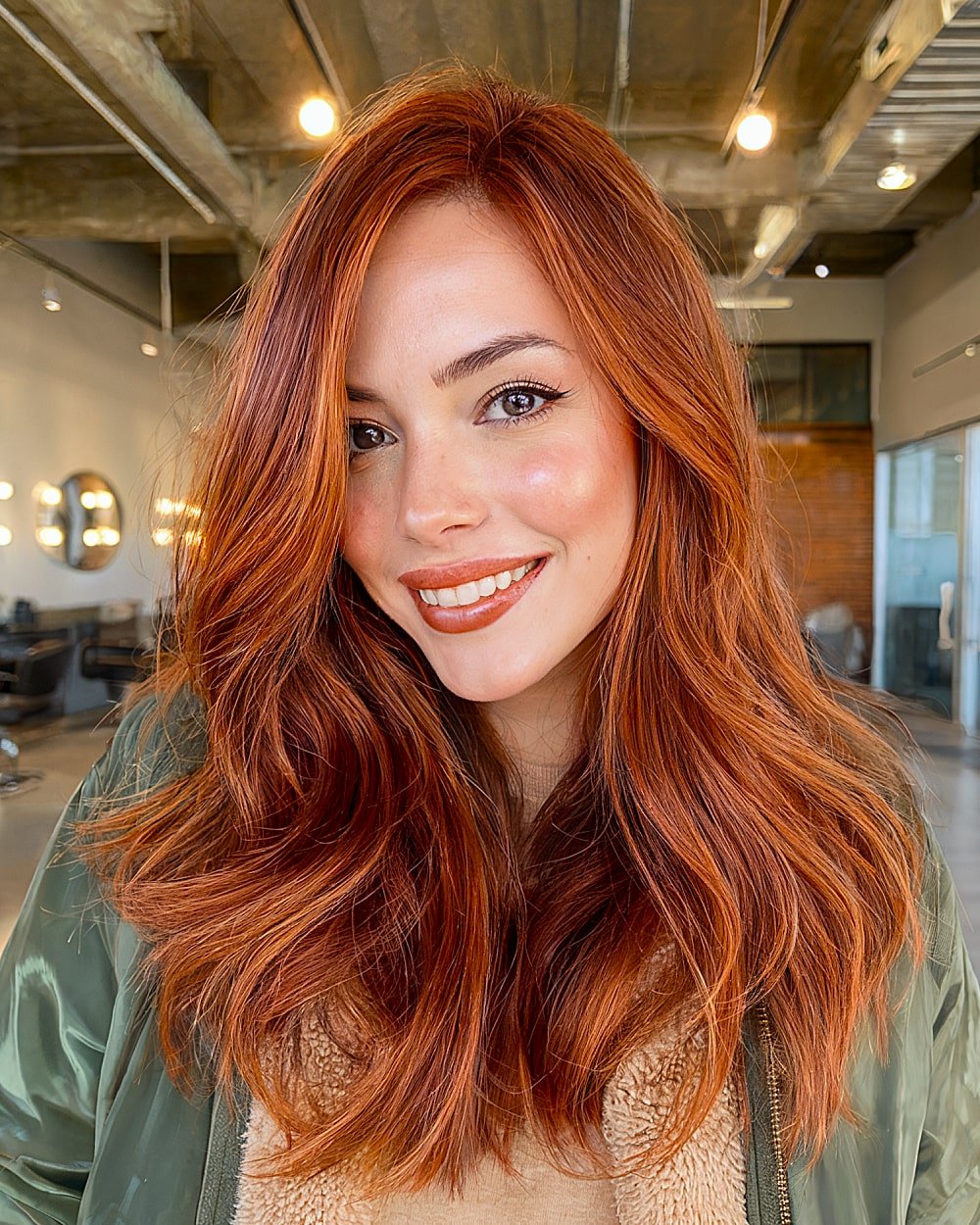 Long red layered waves with glossy finish and bold alternative dimension