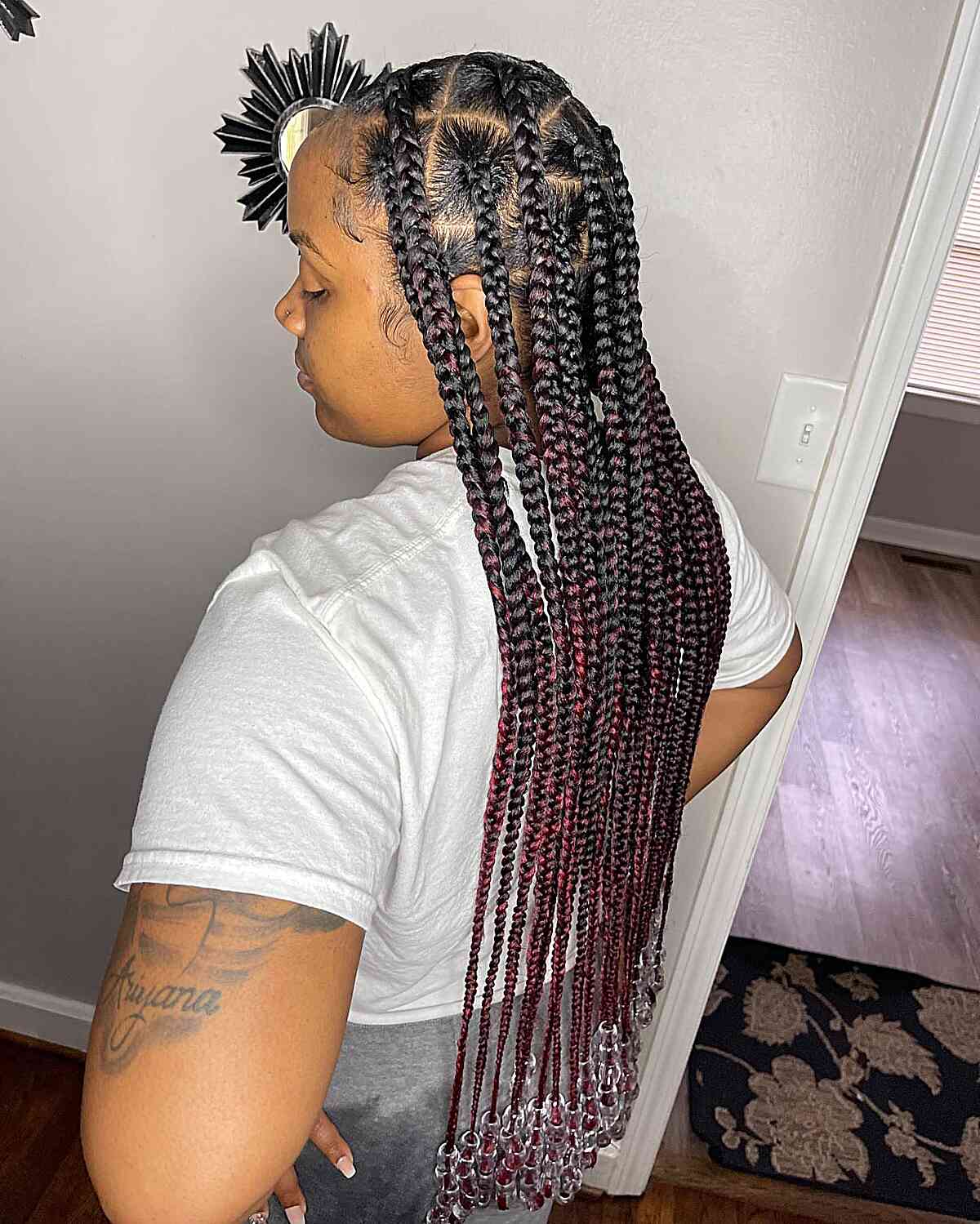 Very Long Red Ombre Large Knotless Box Braids with Transparent Beads