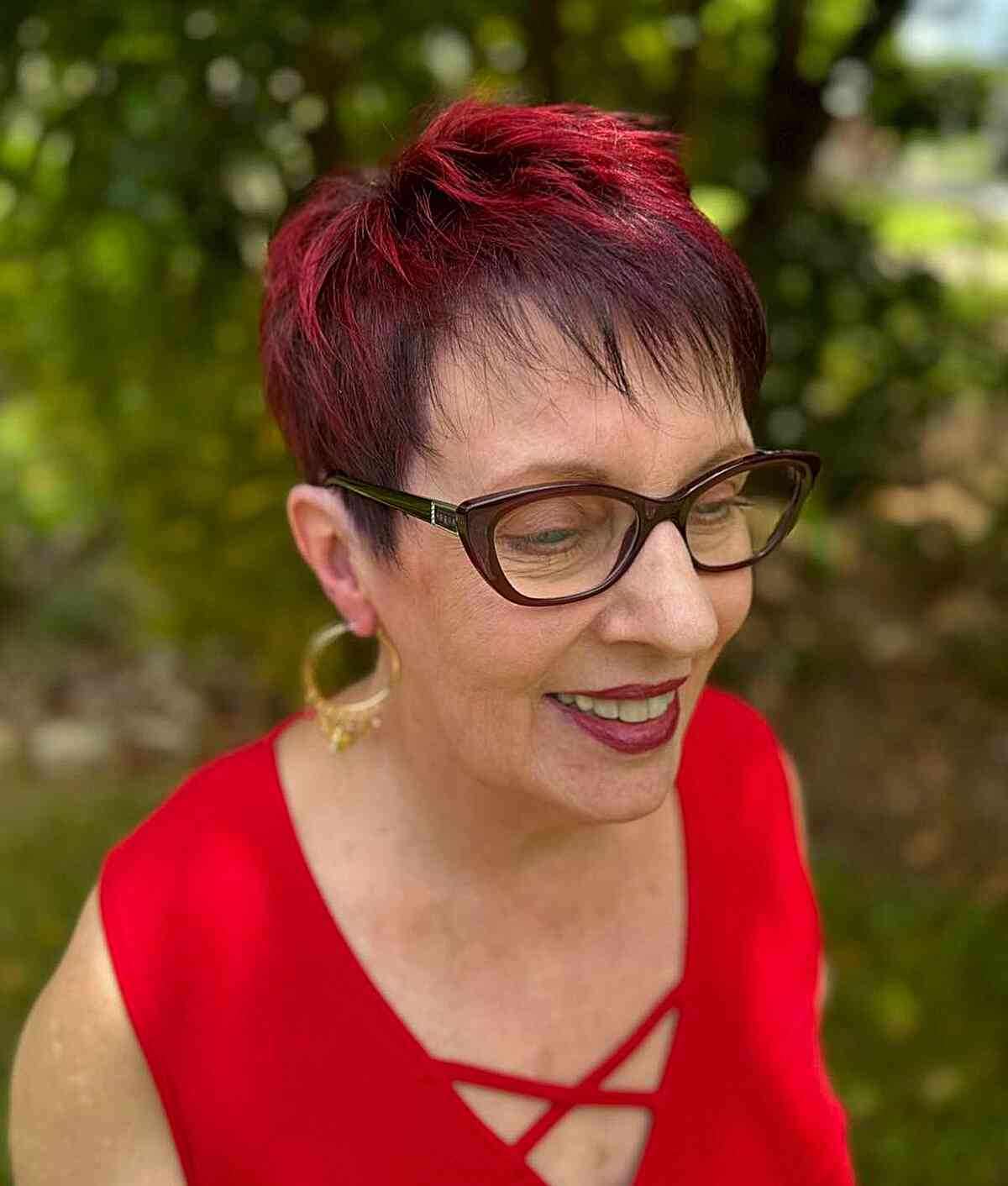 Red Razored Pixie Hair for Women Aged 50 and Up with Specs