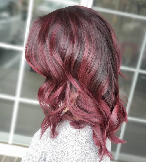 Balayage Brown Hair with Burgundy Highlights